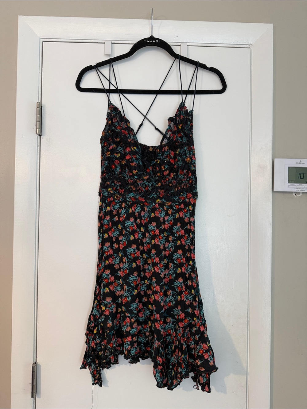 Free People Black Floral Midi Dress with Red & Teal Accents